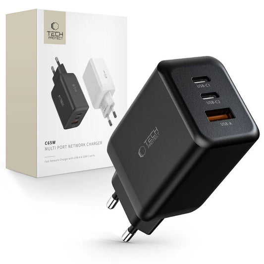 Tech-Protect C65W charger 2x USB-C PD 65W / USB-A QC 3.0 - black_0