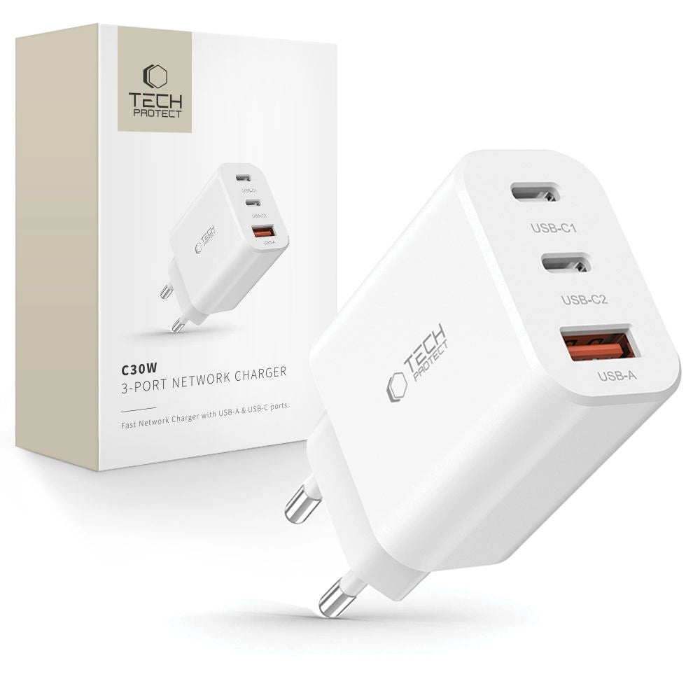 Tech-Protect NC30W charger 2x USB-C PD 30W / USB-A QC 3.0 - white_0