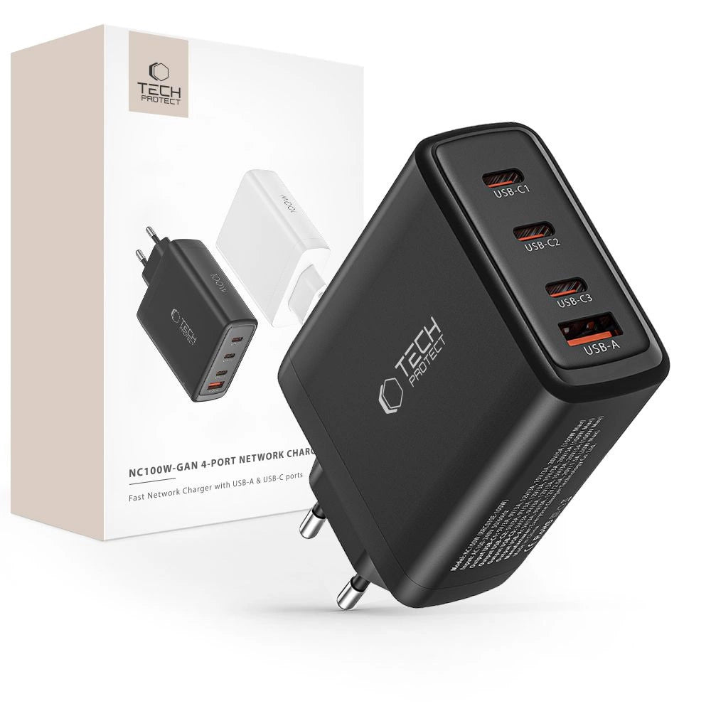 Tech-Protect NC100W-GAN charger network GaN 3x USB-C PD 100W / USB-A QC 3.0 - black_0