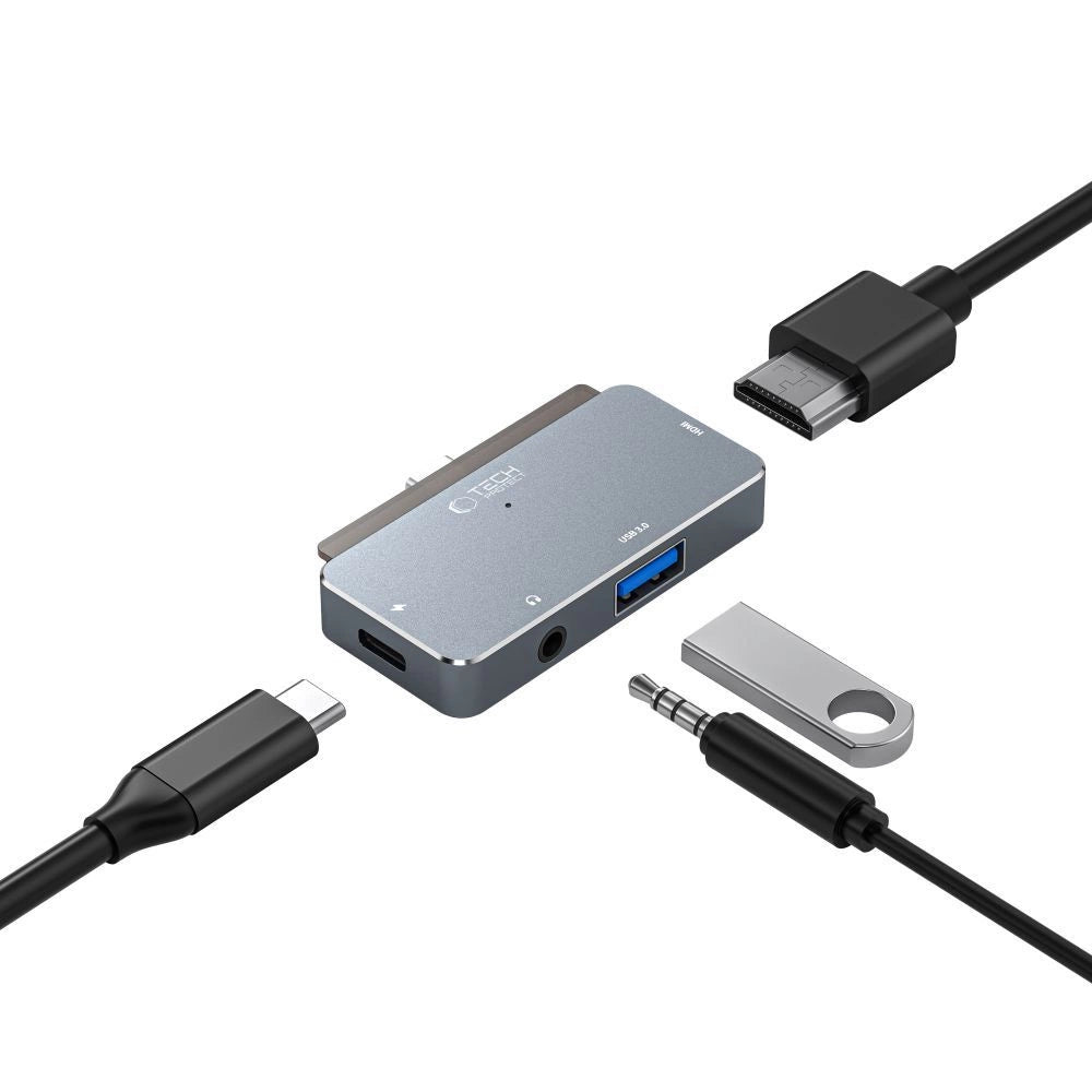 HUB Tech-Protect V6 4in1 USB-C - USB-A 3.0 / USB-C PD100W / HDMI / mini jack 3.5mm - gray_4