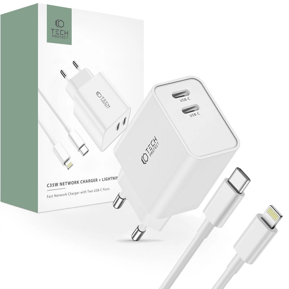 Tech-Protect C35W 2x USB-C PD 35W Wall Charger with USB-C / Lightning Cable - White_0