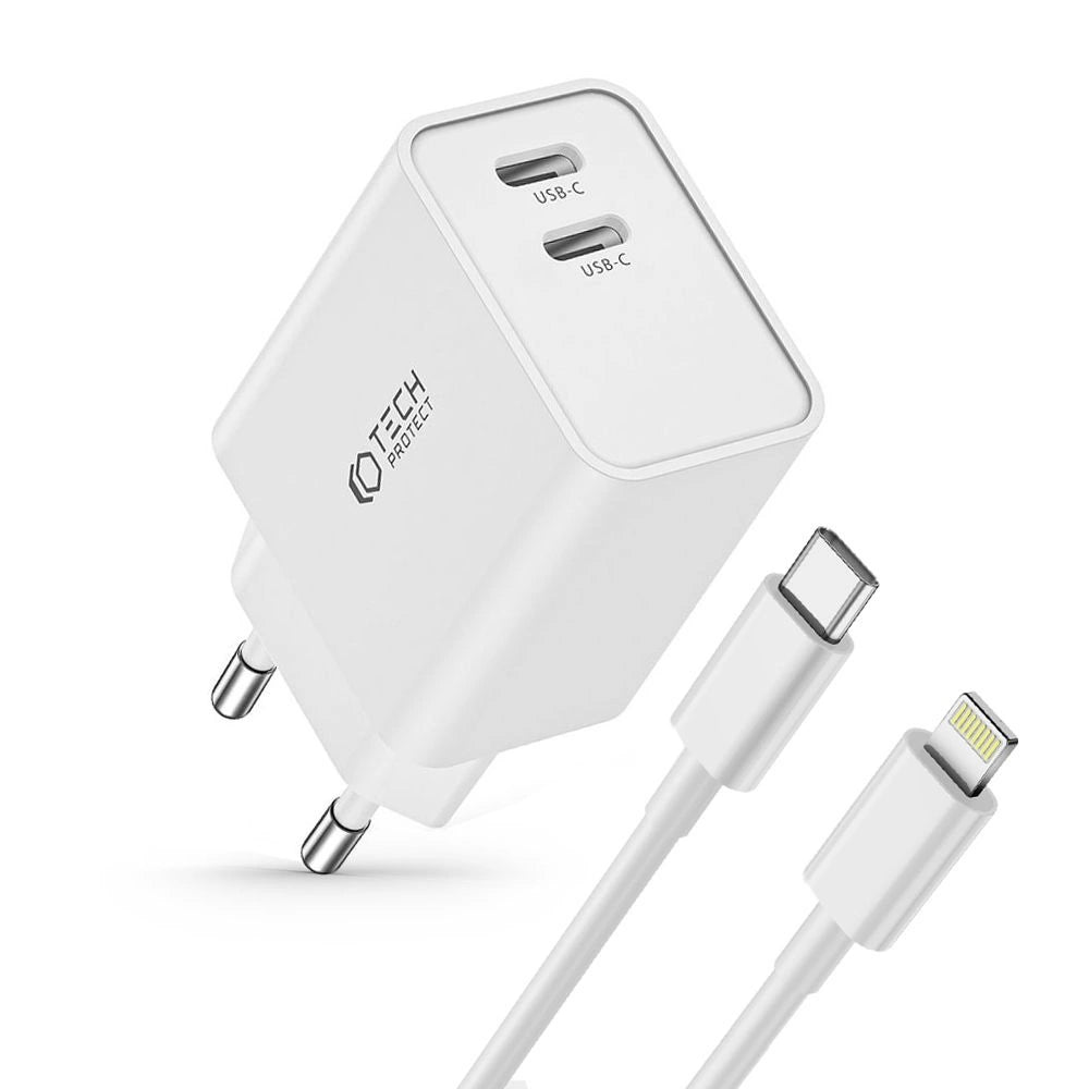Tech-Protect C35W 2x USB-C PD 35W Wall Charger with USB-C / Lightning Cable - White_1