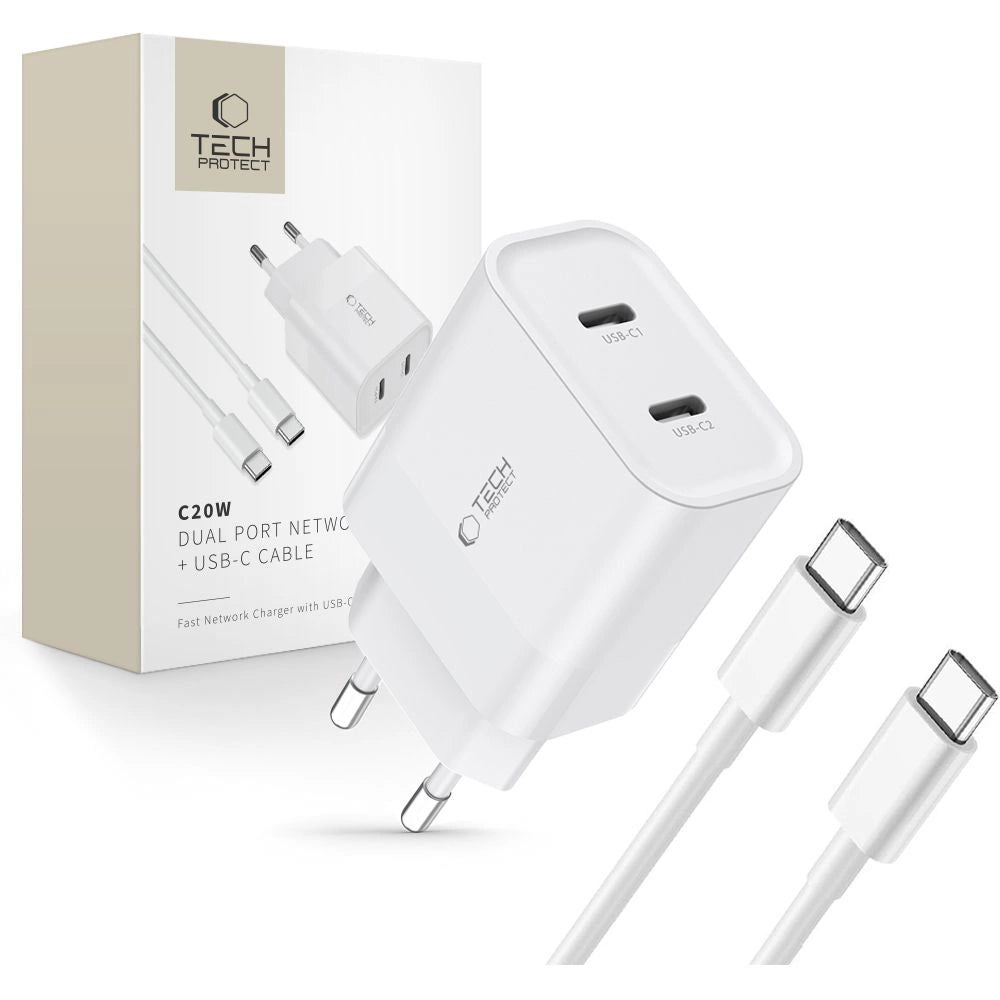 Tech-Protect C20W 2x USB-C PD 20W charger with USB-C / USB-C cable - white_0