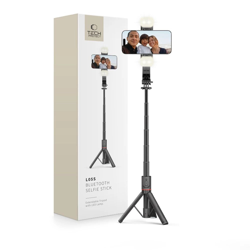 Tech-Protect L05S Bluetooth Selfie Stick with Tripod up to 105cm with LED Light - Black_0