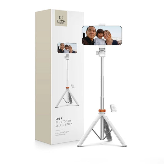 Tech-Protect L03S Bluetooth selfie stick with remote control, tripod up to 148cm and 180 head - white_0