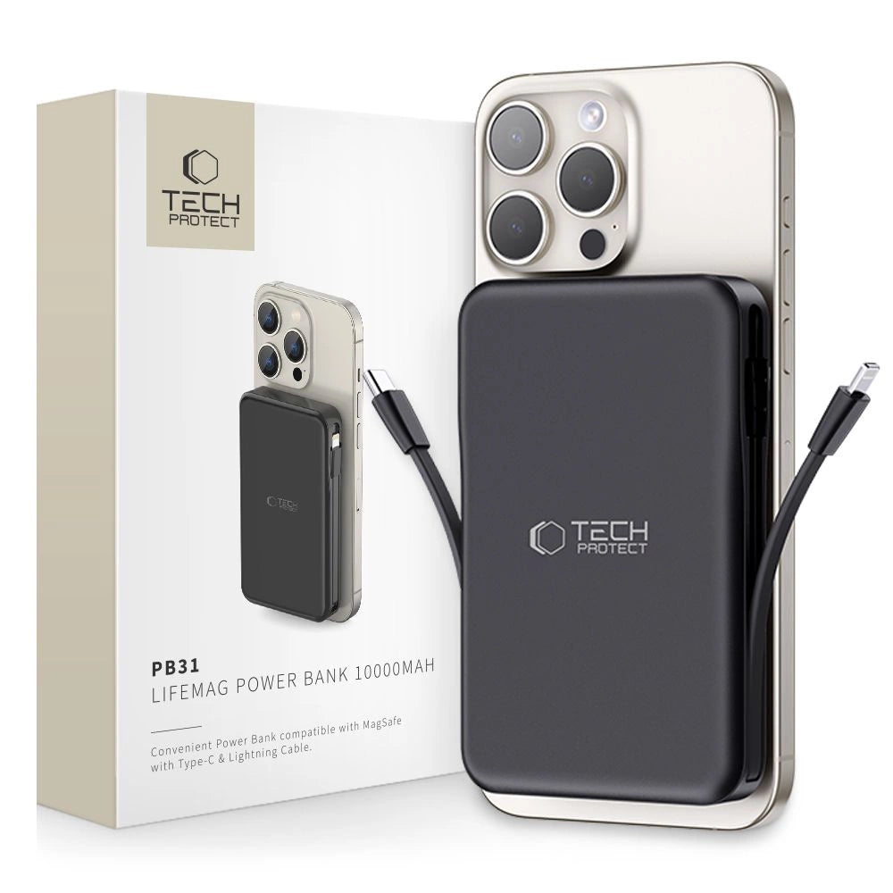 Tech-Protect LifeMag PB31 Power Bank with MagSafe 10000mAh 15W USB-C / USB-A / Built-in USB-C / Lightning Cables - Black_0