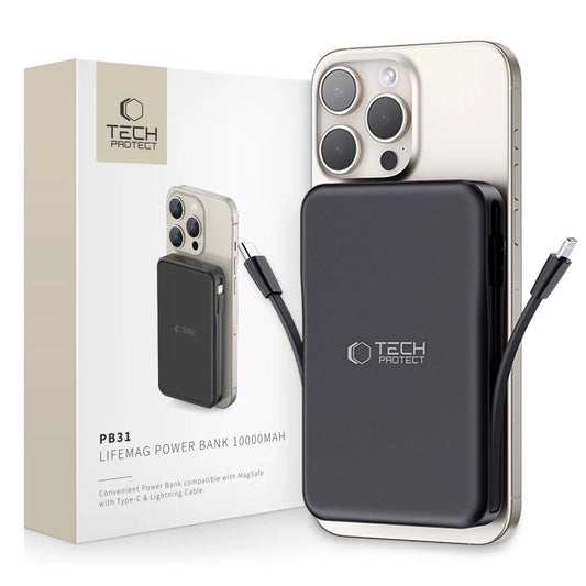 Tech-Protect LifeMag PB31 Power Bank with MagSafe 10000mAh 15W USB-C / USB-A / Built-in USB-C / Lightning Cables - Black_0