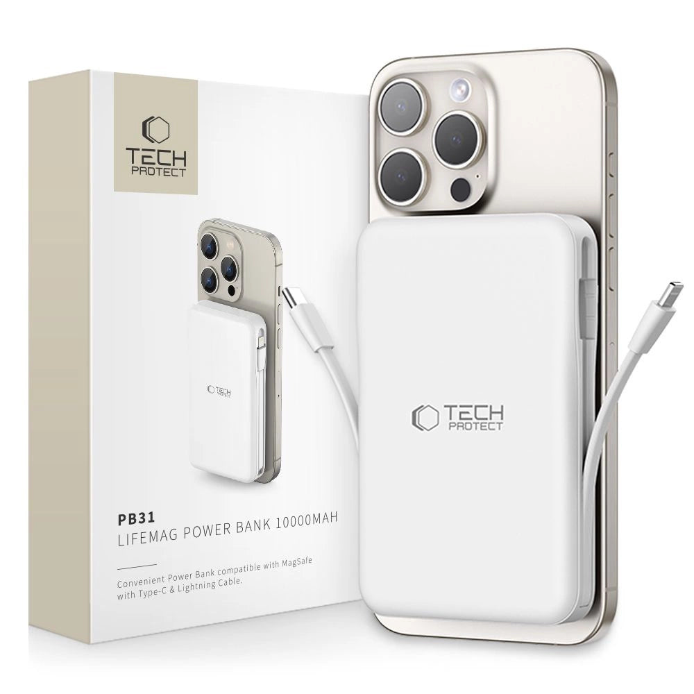 Tech-Protect LifeMag PB31 Power Bank with MagSafe 10000mAh 15W USB-C / USB-A / Built-in USB-C / Lightning Cables - White_0