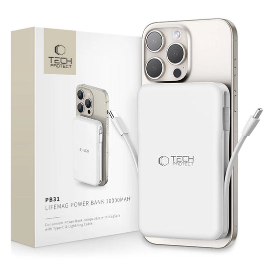 Tech-Protect LifeMag PB31 Power Bank with MagSafe 10000mAh 15W USB-C / USB-A / Built-in USB-C / Lightning Cables - White_0