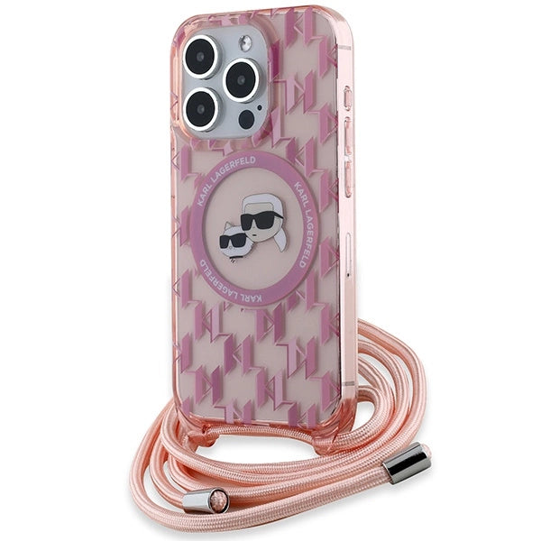 Karl Lagerfeld IML Crossbody Monogram Karl &amp; Choupette Head MagSafe case for iPhone 15 Pro - pink_0