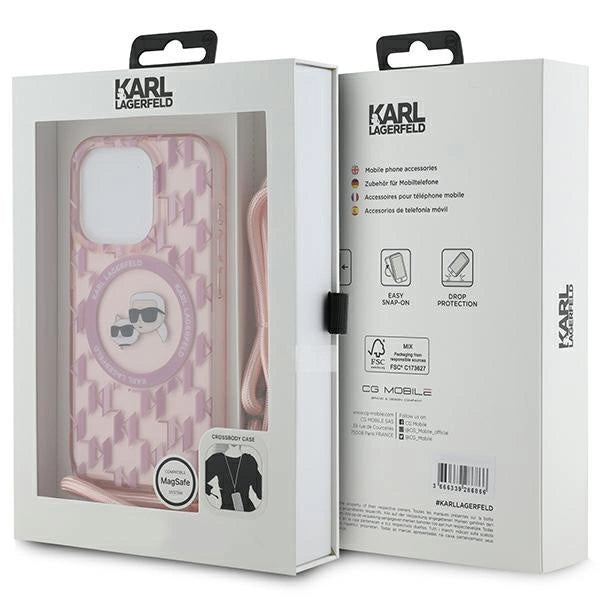 Karl Lagerfeld IML Crossbody Monogram Karl &amp; Choupette Head MagSafe case for iPhone 15 Pro - pink_6