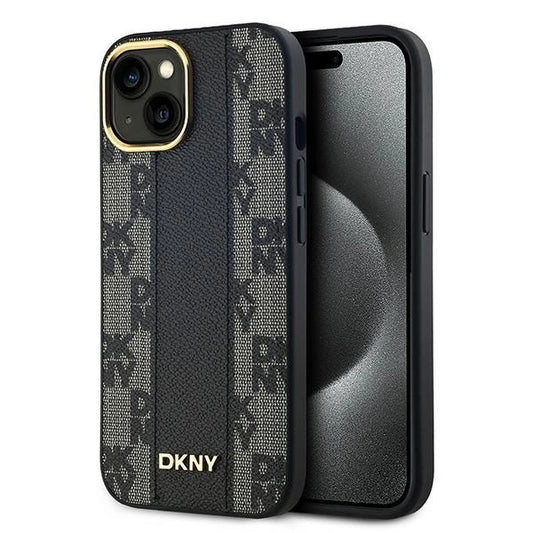 DKNY Leather Checkered Mono Pattern MagSafe Case for iPhone 15 Plus / 14 Plus - Black_0