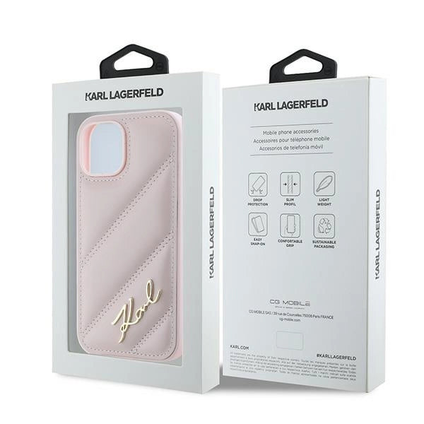 Karl Lagerfeld Diagonal Quilted Script case for iPhone 15 Plus / 14 Plus - pink_7