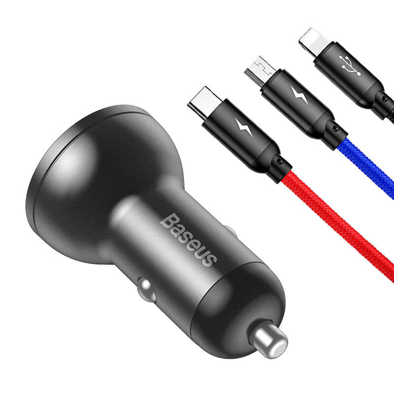 Baseus 2x USB 4.8A 24W car charger with LCD + 3in1 cable USB - USB Type C / micro USB / Lightning 1.2m black (TZCCBX-0G)_3