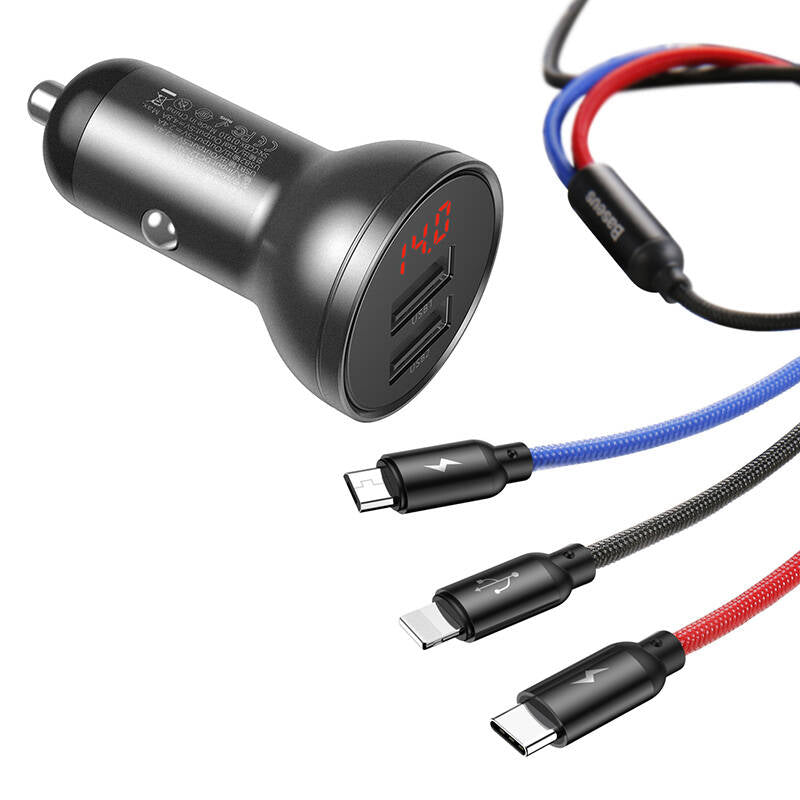 Baseus 2x USB 4.8A 24W car charger with LCD + 3in1 cable USB - USB Type C / micro USB / Lightning 1.2m black (TZCCBX-0G)_5
