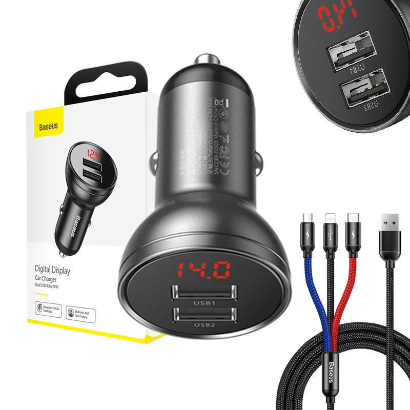 Baseus 2x USB 4.8A 24W car charger with LCD + 3in1 cable USB - USB Type C / micro USB / Lightning 1.2m black (TZCCBX-0G)_7