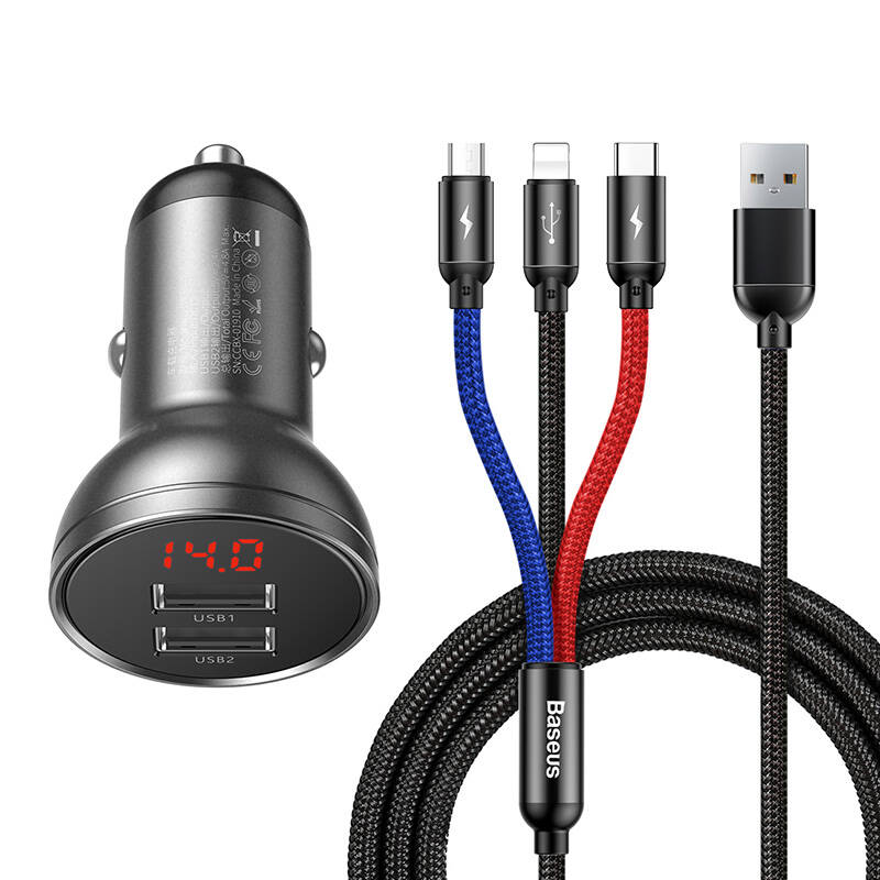 Baseus 2x USB 4.8A 24W car charger with LCD + 3in1 cable USB - USB Type C / micro USB / Lightning 1.2m black (TZCCBX-0G)_1