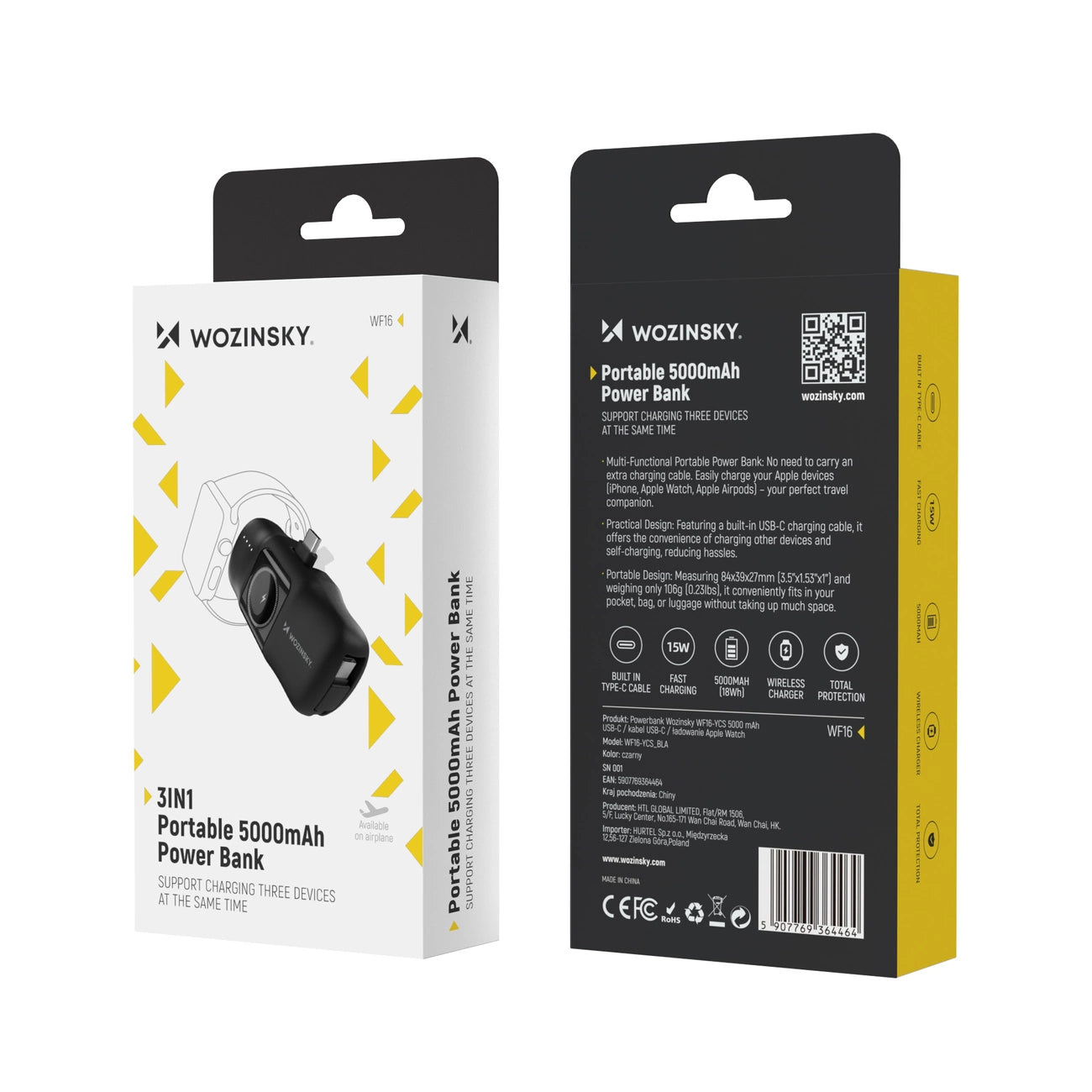 Wozinsky WF16-YCS 5000mAh 15W USB-C Mini Power Bank with Built-in USB-C Cable and Apple Watch Charger - Black_7