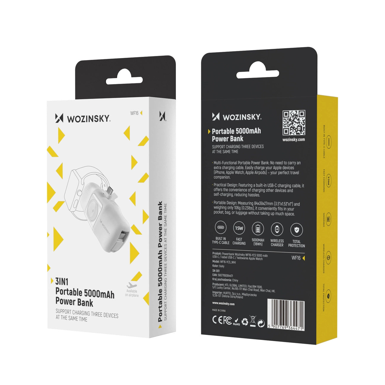 Wozinsky WF16-YCS 5000mAh 15W USB-C Mini Power Bank with Built-in USB-C Cable and Apple Watch Charger - White_5