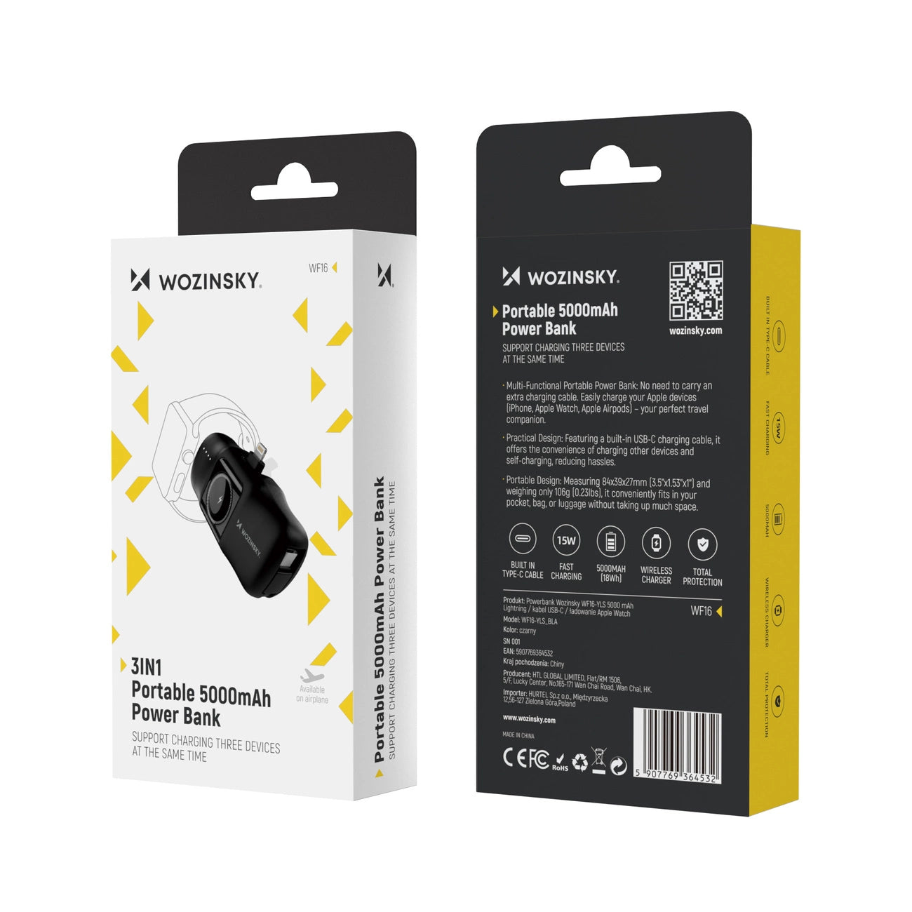 Wozinsky WF16-YLS 5000mAh 15W Lightning Mini Power Bank with Built-in USB-C Cable and Apple Watch Charger - Black_5
