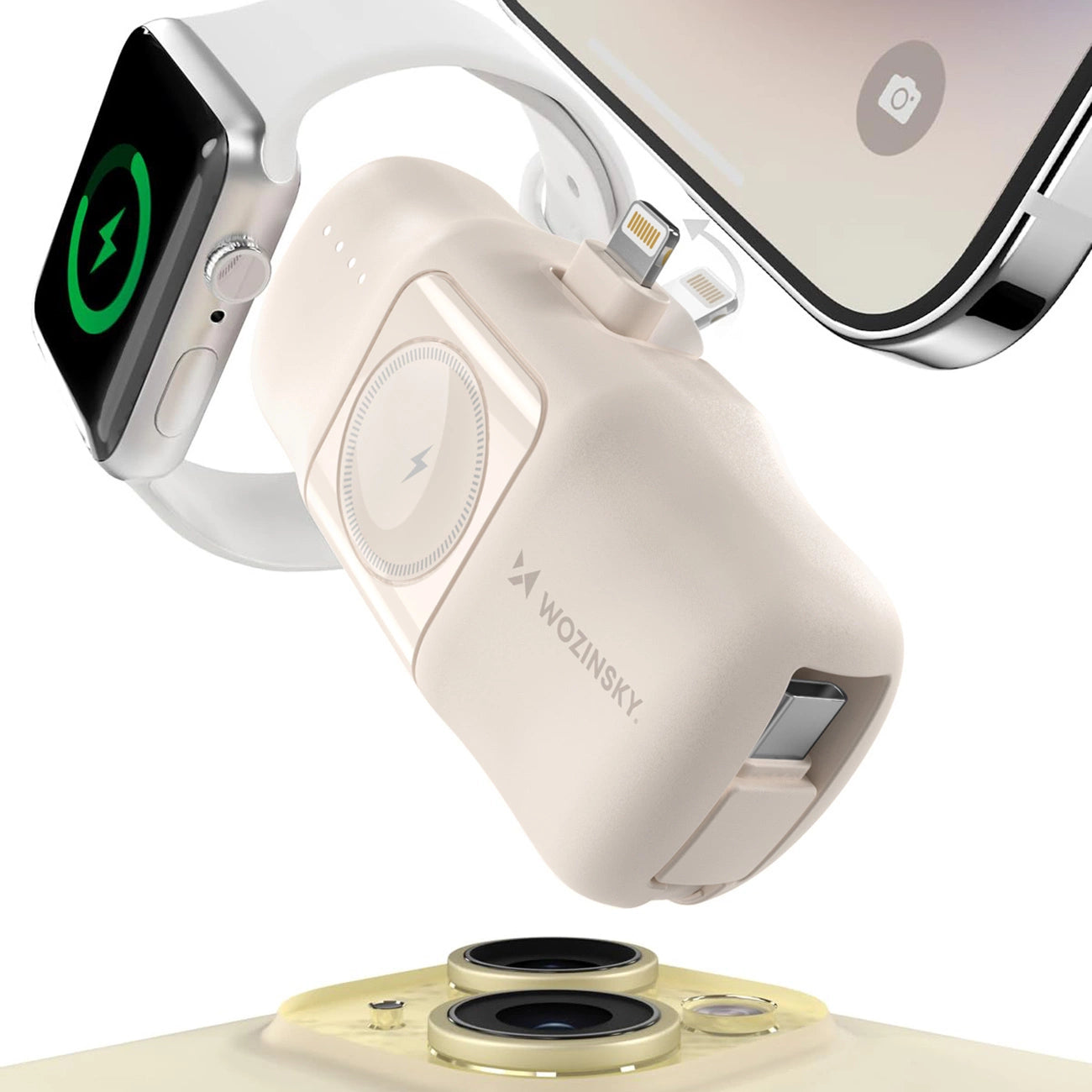 Wozinsky WF16-YLS 5000mAh 15W Lightning Mini Power Bank with Built-in USB-C Cable and Apple Watch Charger - Beige_2