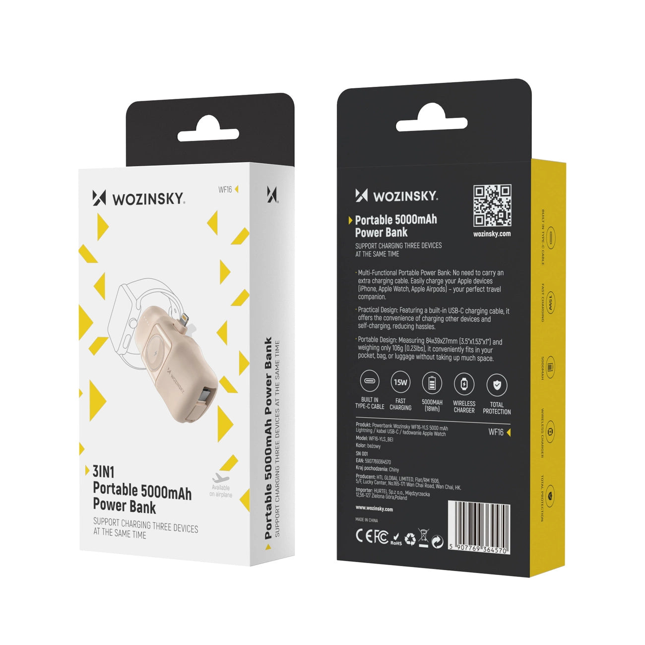 Wozinsky WF16-YLS 5000mAh 15W Lightning Mini Power Bank with Built-in USB-C Cable and Apple Watch Charger - Beige_4