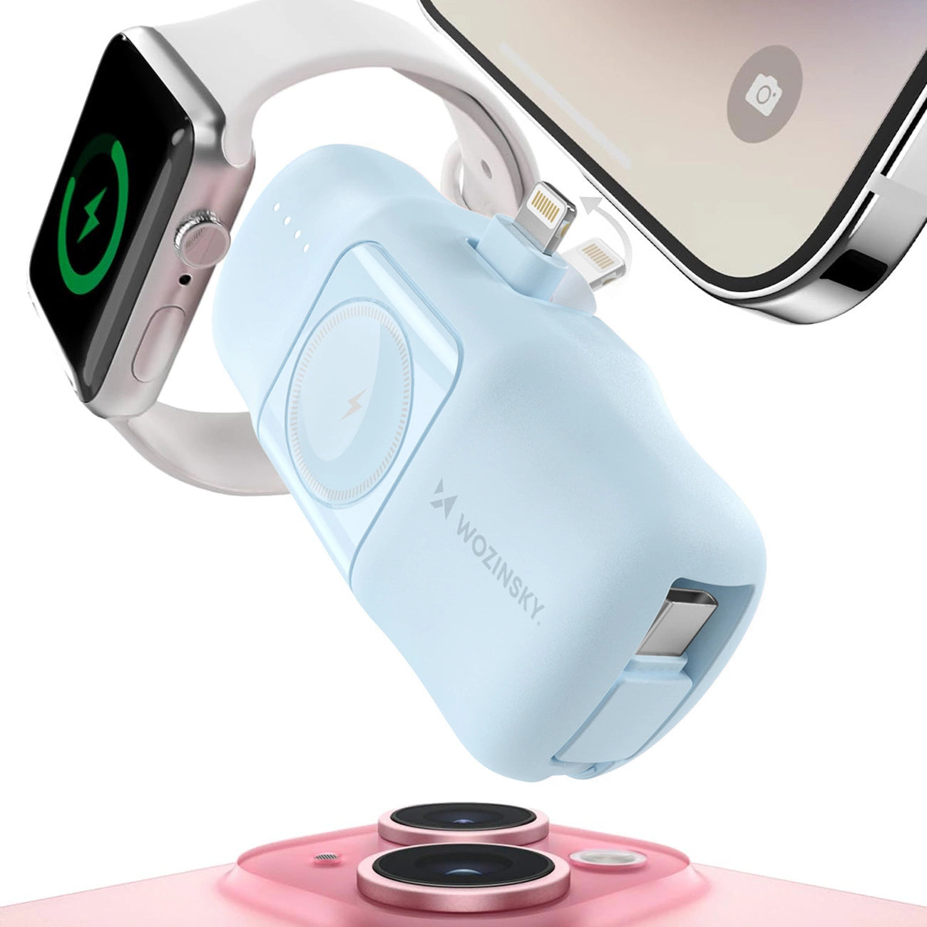 Wozinsky WF16-YLS 5000mAh 15W Lightning Mini Power Bank with Built-in USB-C Cable and Apple Watch Charger - Blue_2