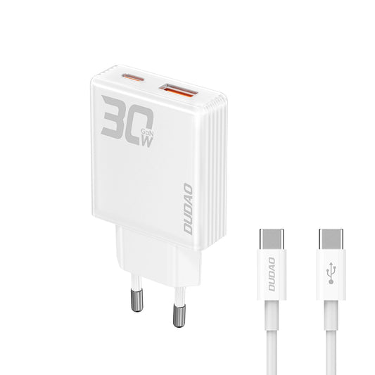 GaN Dudao A30EUT 30W USB-A / USB-C Wall Charger + USB-C - USB-C Cable - White_0
