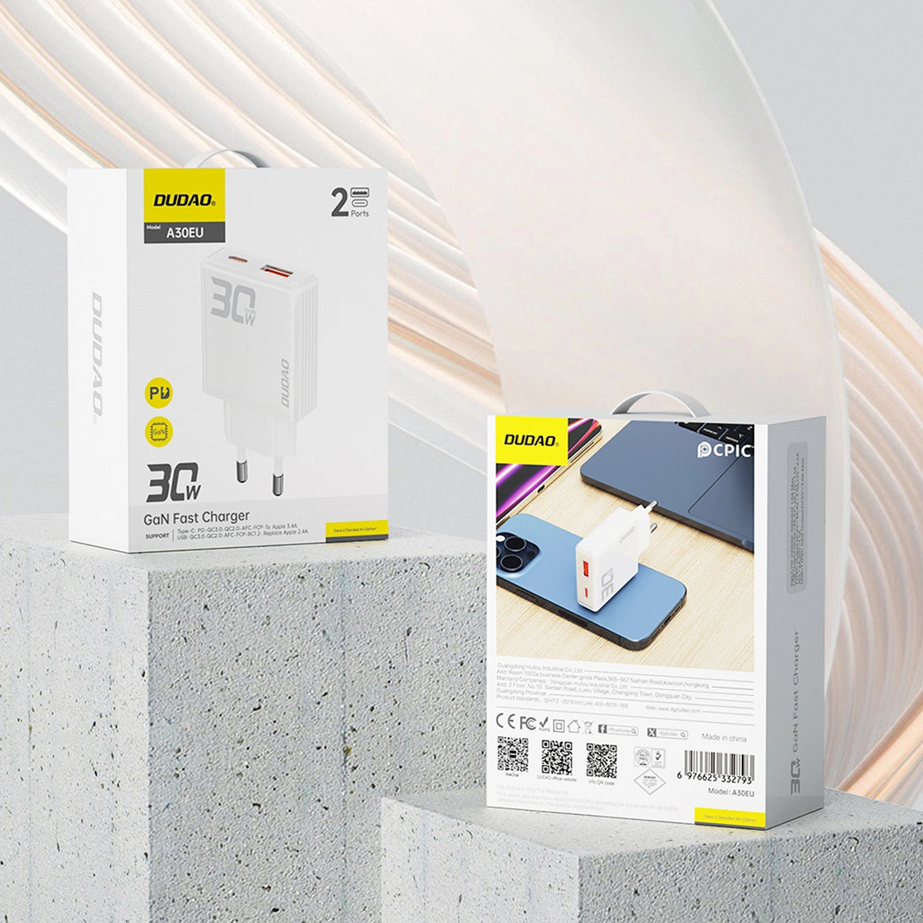 GaN Dudao A30EU 30W USB-A / USB-C Wall Charger - White_7
