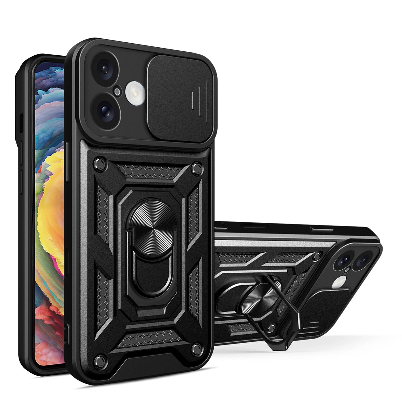 Hybrid Armor Camshield iPhone 16 Armored Case with Camera Cover and Stand - Black_0