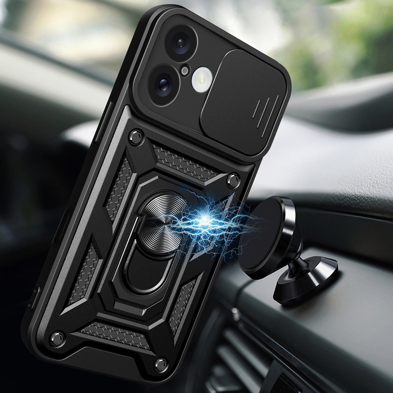 Hybrid Armor Camshield iPhone 16 Armored Case with Camera Cover and Stand - Black_2