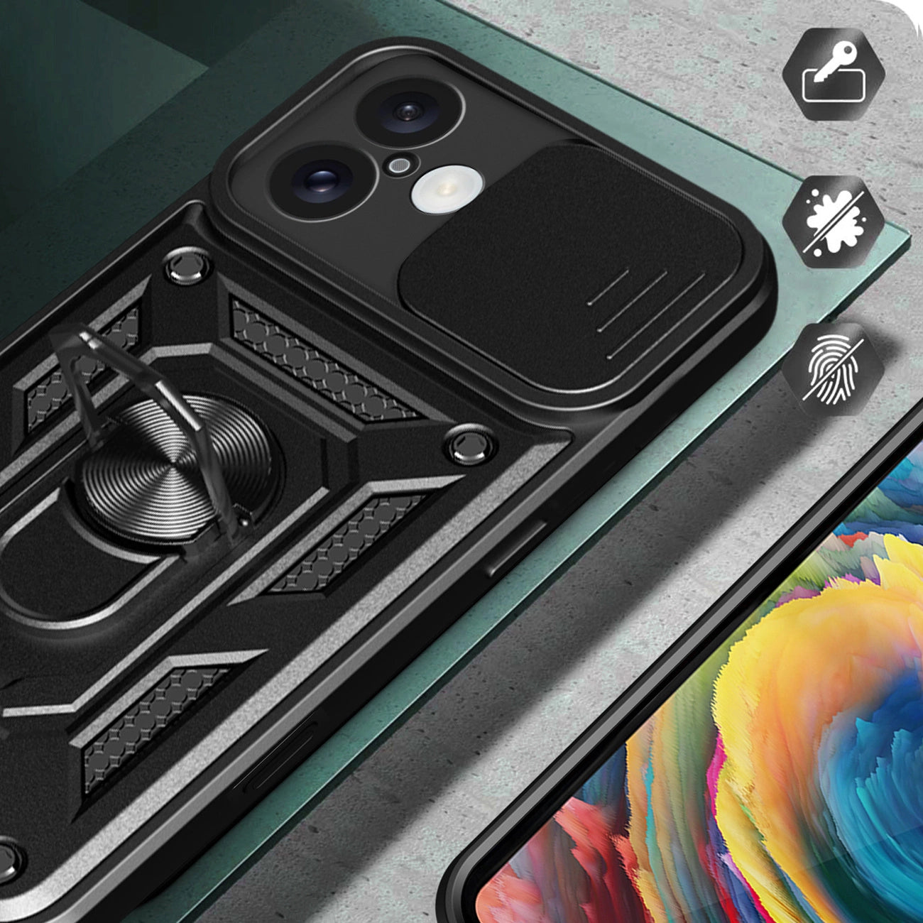 Hybrid Armor Camshield iPhone 16 Plus Armored Case with Camera Cover and Stand - Black_2