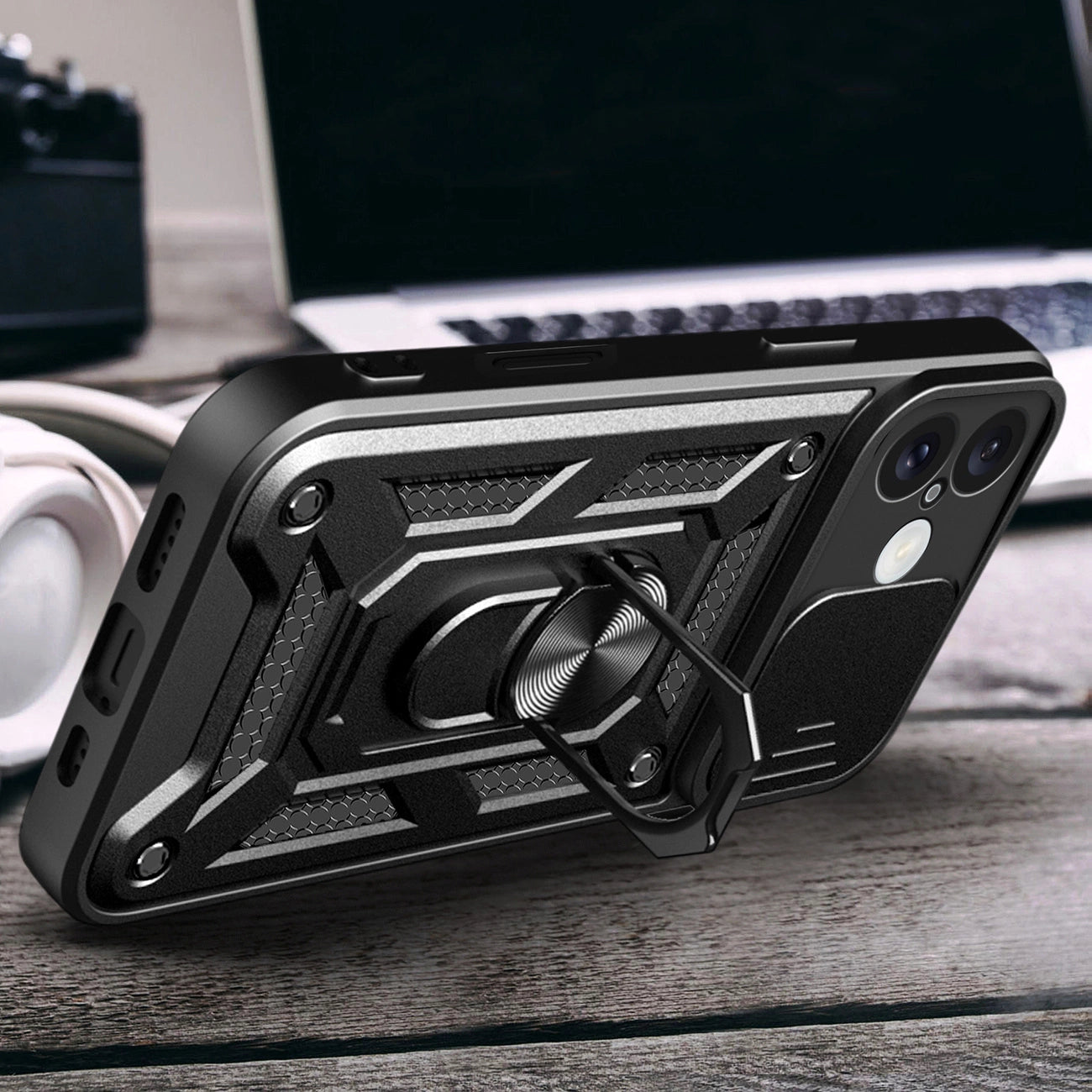 Hybrid Armor Camshield iPhone 16 Plus Armored Case with Camera Cover and Stand - Black_5