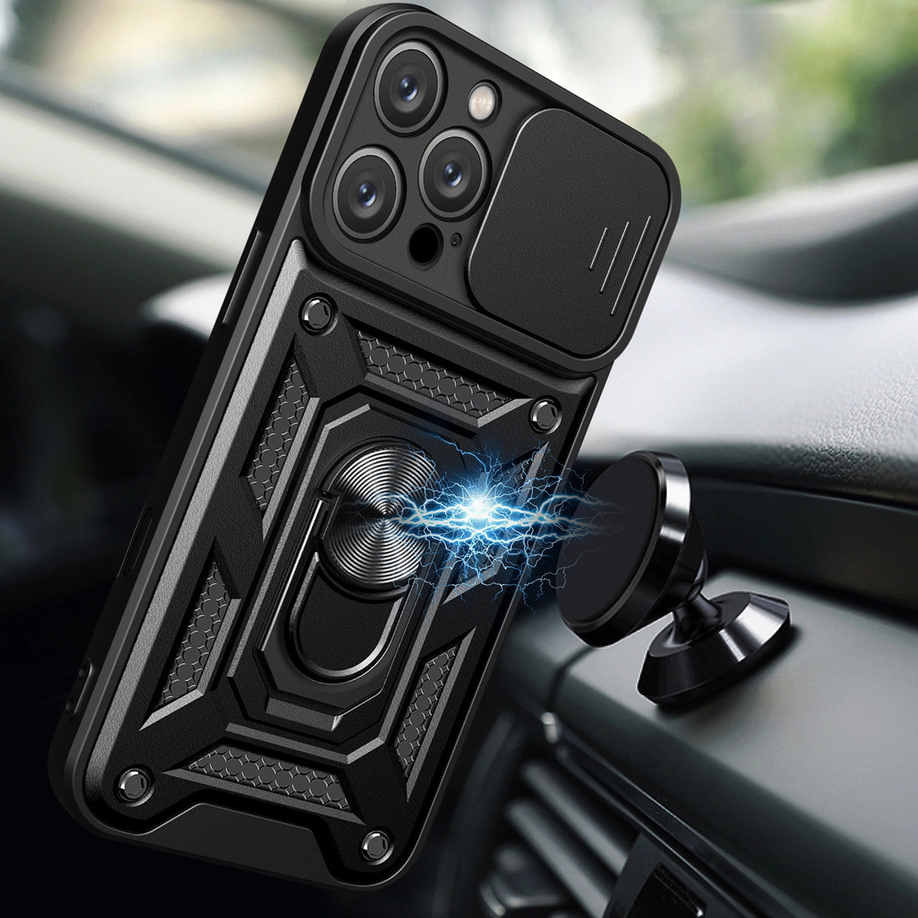 Hybrid Armor Camshield iPhone 16 Pro Max Armored Case with Camera Cover and Stand - Black_2