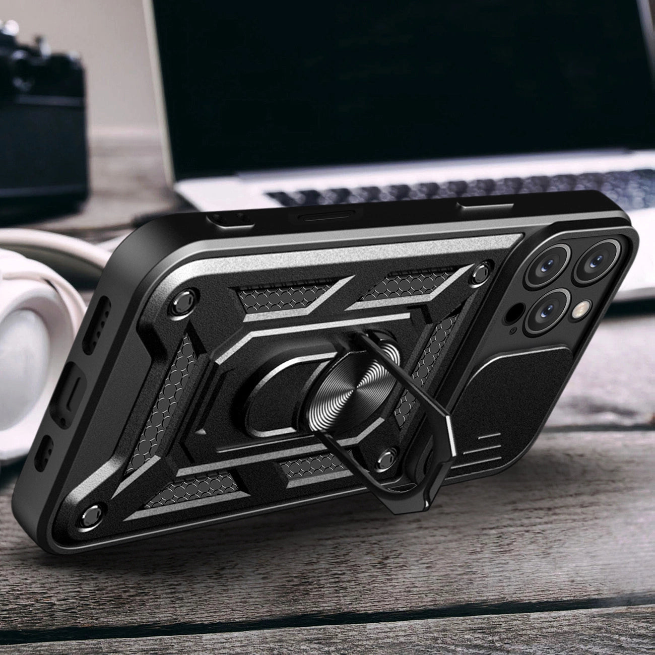 Hybrid Armor Camshield iPhone 16 Pro Max Armored Case with Camera Cover and Stand - Black_5