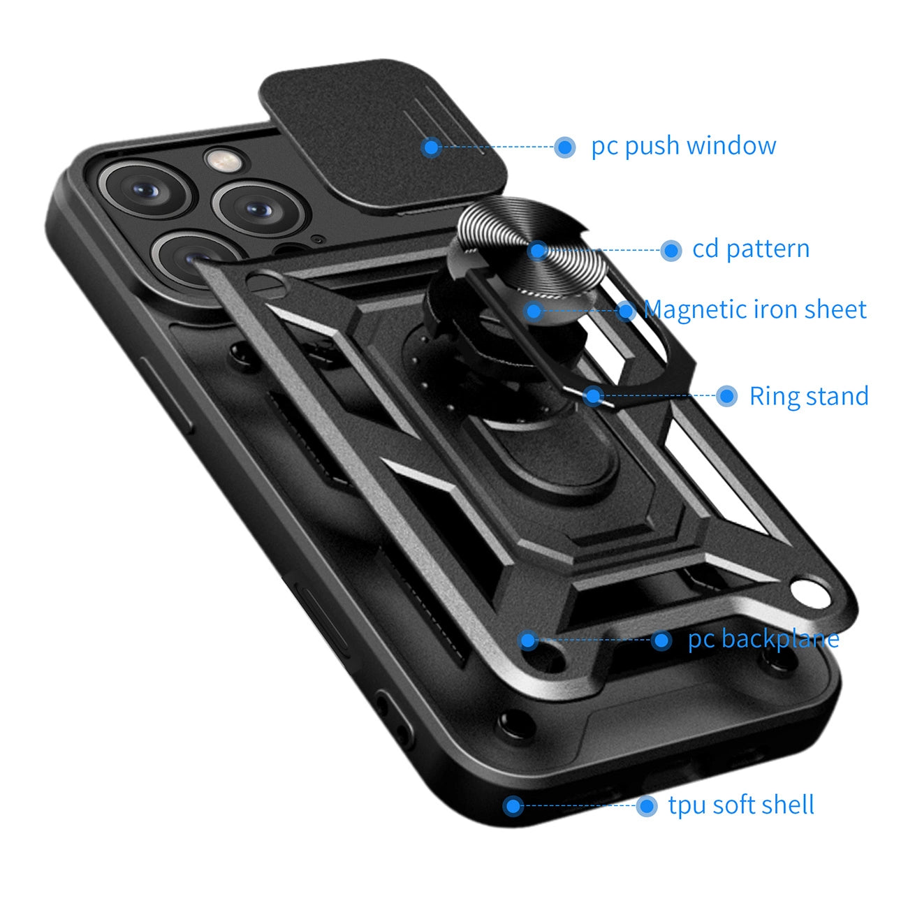 Hybrid Armor Camshield iPhone 16 Pro Max Armored Case with Camera Cover and Stand - Black_8