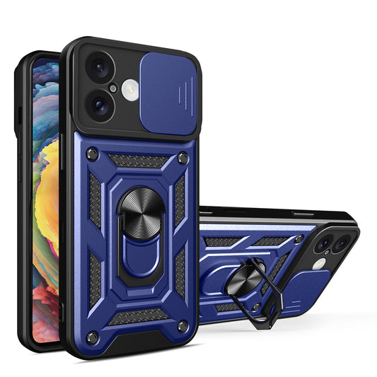 Hybrid Armor Camshield iPhone 16 Case with Camera Cover and Stand - Blue_0