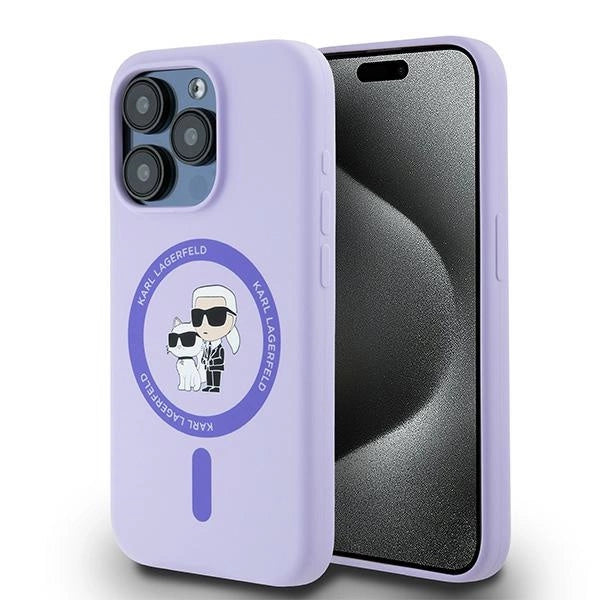 Karl Lagerfeld Silicone Karl&amp;Choupette Heads Ring MagSafe Case for iPhone 15 Pro - Purple_0