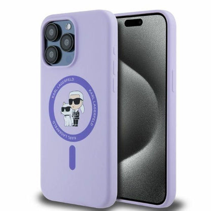 Karl Lagerfeld Silicone Karl&amp;Choupette Heads Ring MagSafe Case for iPhone 15 Pro Max - Purple_0