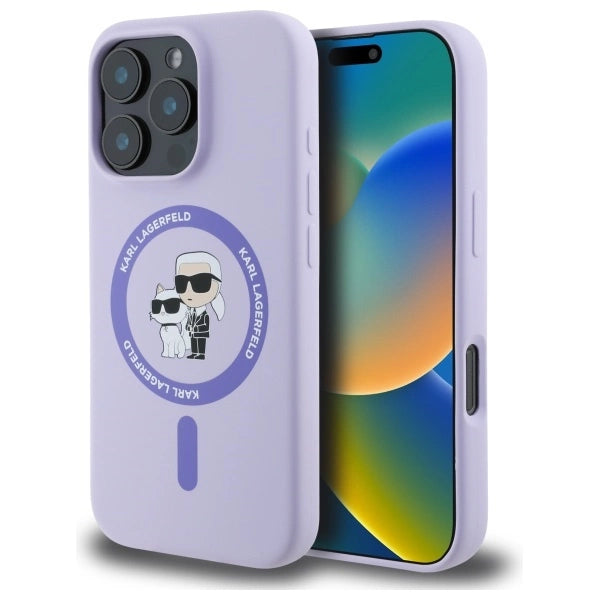 Karl Lagerfeld Silicone Karl&amp;Choupette Heads Ring MagSafe Case for iPhone 16 Pro - Purple_0