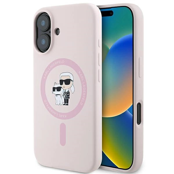 Etui Karl Lagerfeld Silicone Karl&Choupette Heads Ring MagSafe na iPhone 16 Plus - różowe_0