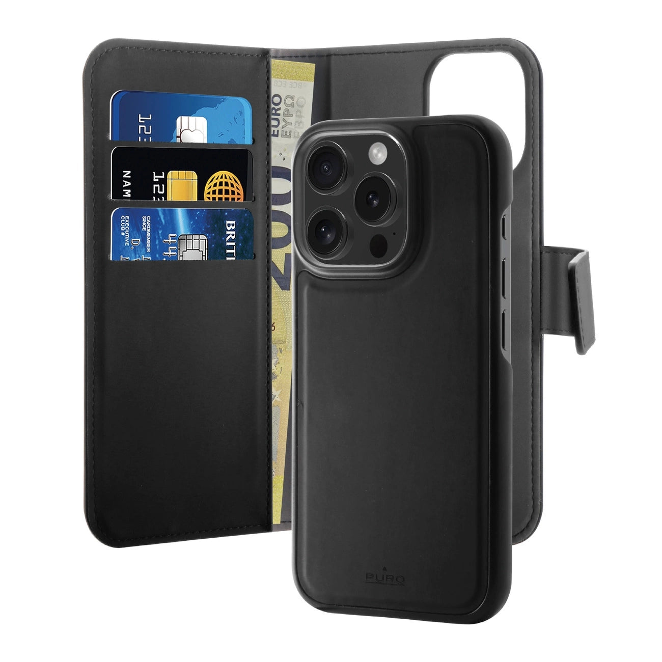 Puro Wallet Detachable MagSafe 2in1 PU Leather Case with Flap and Wallet for iPhone 16 Pro - Black_0