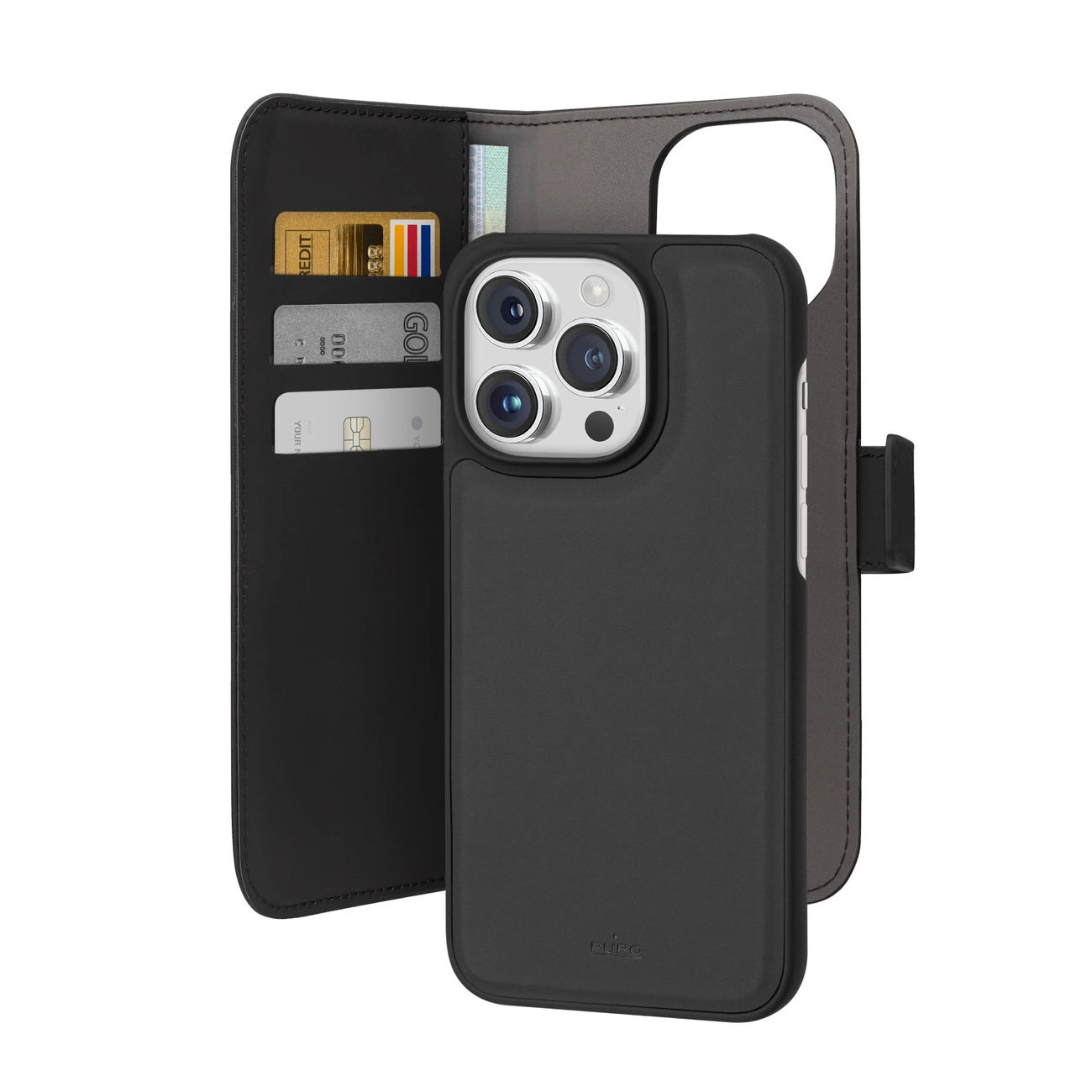 Puro Wallet Detachable MagSafe 2in1 PU Leather Case with Flap and Wallet for iPhone 15 Pro Max - Black_0