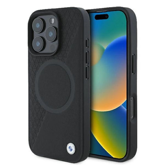 BMW Signature Leather Half Textured &amp; Circle MagSafe case for iPhone 16 Pro - black_0