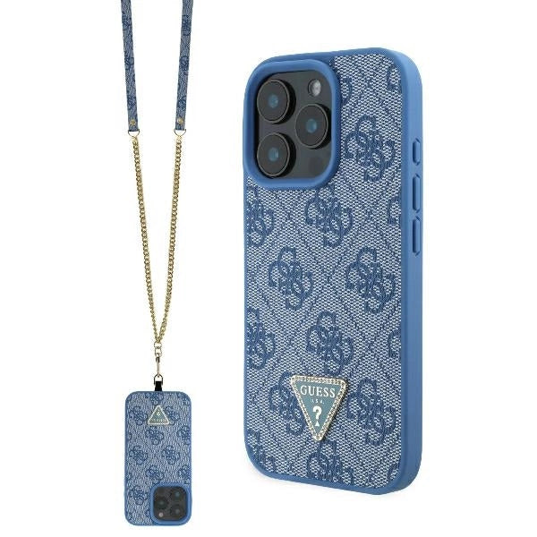 Guess Leather Metal Logo Strass Crossbody Case for iPhone 16 Pro - Blue_0