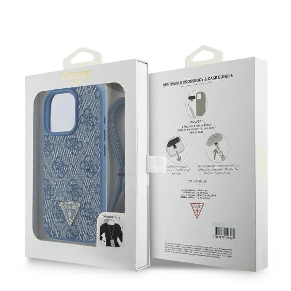 Guess Leather Metal Logo Strass Crossbody Case for iPhone 16 Pro - Blue_8