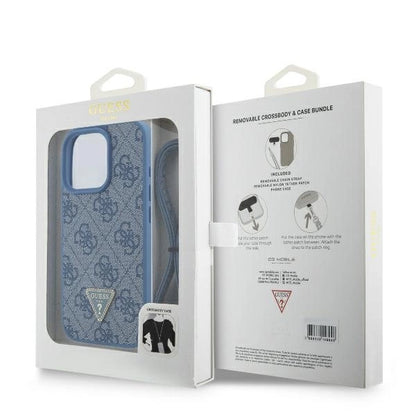 Guess Leather Metal Logo Strass Crossbody Case for iPhone 16 Pro - Blue_8