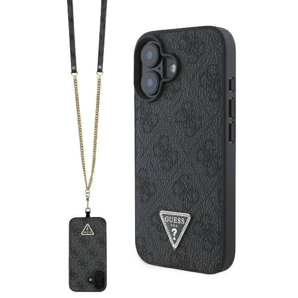 Guess Leather Metal Logo Strass Crossbody Case for iPhone 16 - Black_0