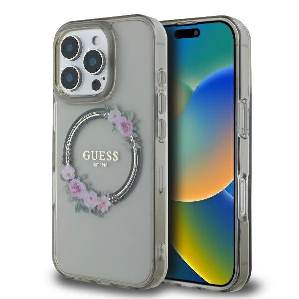 Guess IML Flowers Wreath MagSafe iPhone 16 Pro Case - Black_0