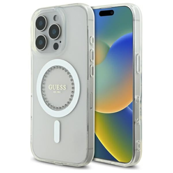 Guess IML Rhinestones MagSafe Case for iPhone 16 Pro - White_0